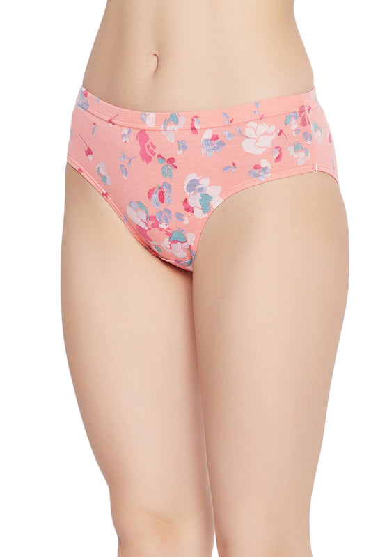 Mid Waist Floral Print Hipster Panty in Peach with Inner Elastic - Cotton
