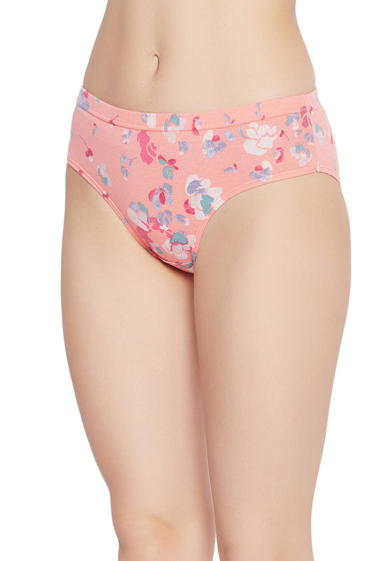 Mid Waist Floral Print Hipster Panty in Peach with Inner Elastic - Cotton