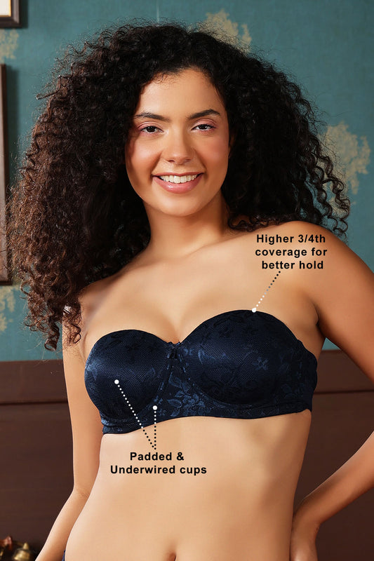 Navy Strapless Padded Wired Bra with Transparent Straps