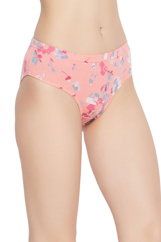 Mid Waist Floral Print Hipster Panty in Peach with Inner Elastic - Cotton