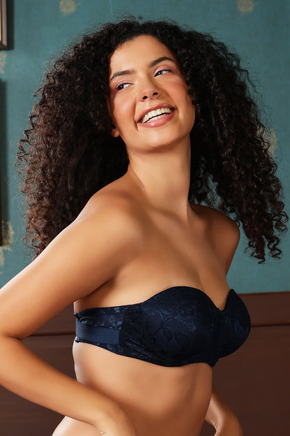 Navy Strapless Padded Wired Bra with Transparent Straps