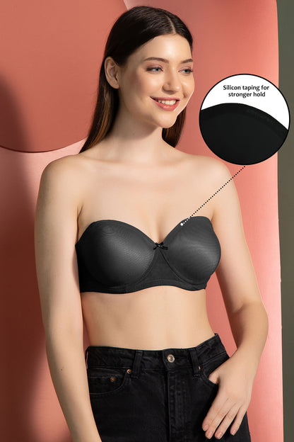 Black Strapless Padded Underwired Balconette Bra with Transparent Straps