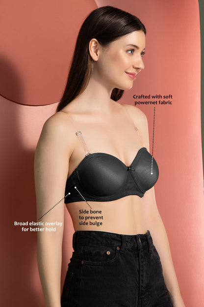 Black Strapless Padded Underwired Balconette Bra with Transparent Straps