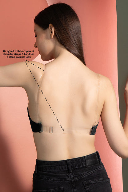 Black Strapless Padded Underwired Balconette Bra with Transparent Straps