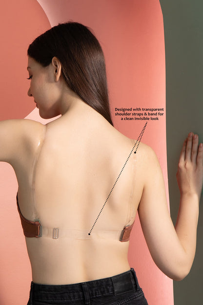 Beige Strapless Padded Underwired Bra with Transparent Straps