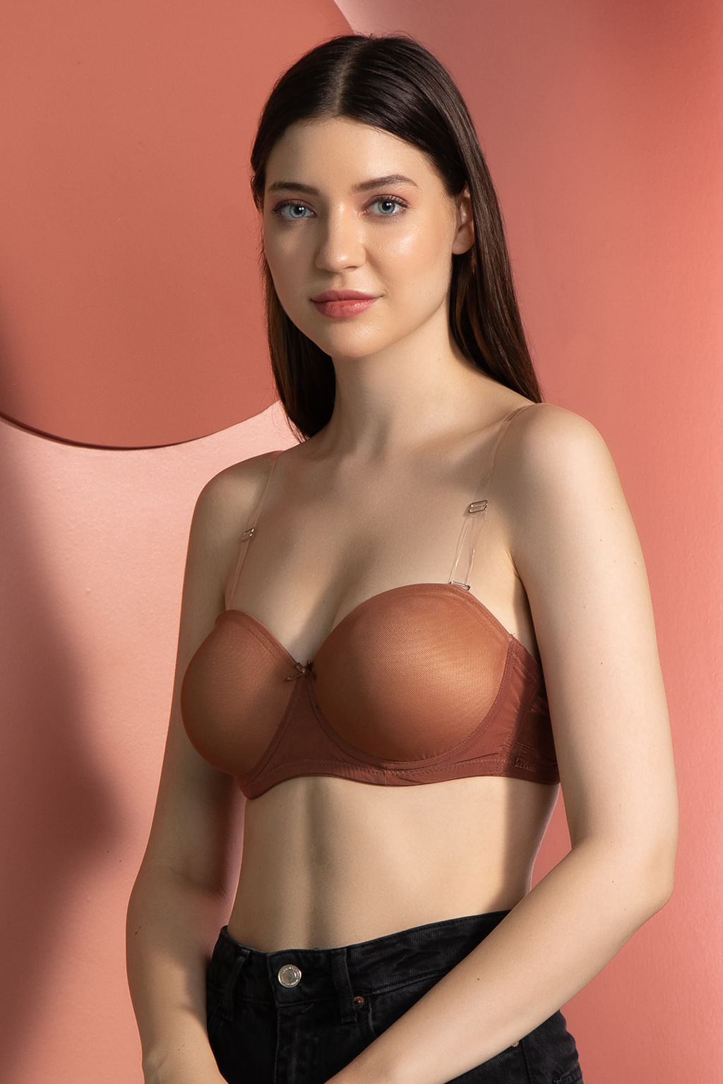 Beige Strapless Padded Underwired Bra with Transparent Straps