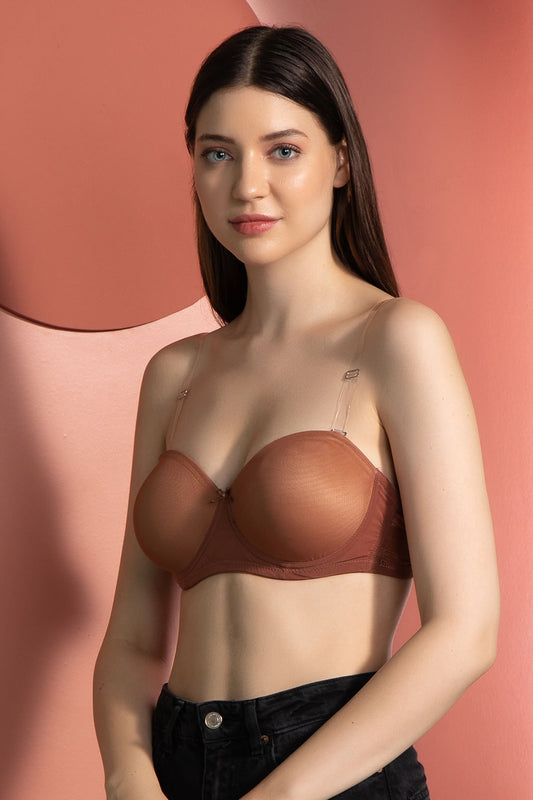 Beige Strapless Padded Underwired Bra with Transparent Straps