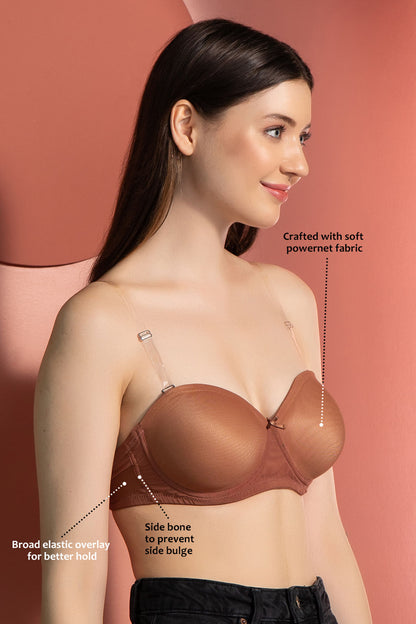 Beige Strapless Padded Underwired Bra with Transparent Straps