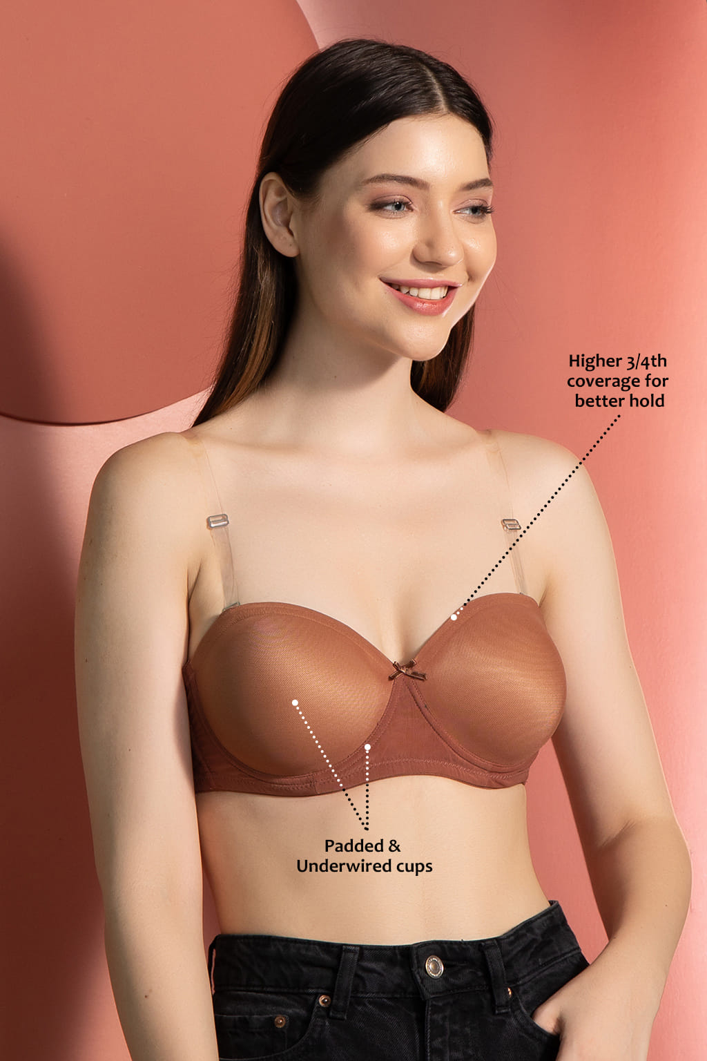 Beige Strapless Padded Underwired Bra with Transparent Straps