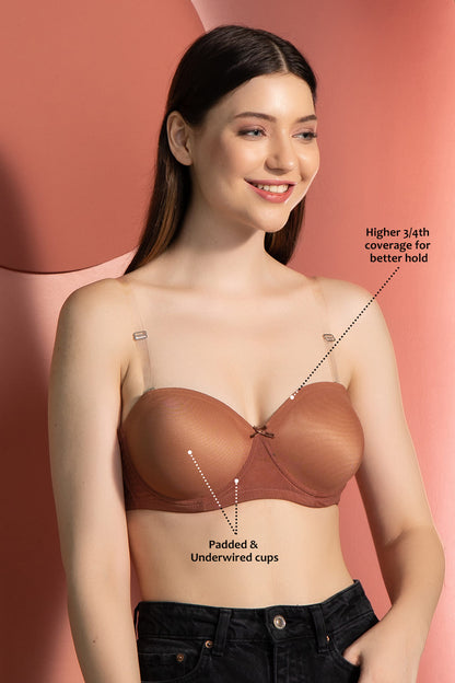 Beige Strapless Padded Underwired Bra with Transparent Straps