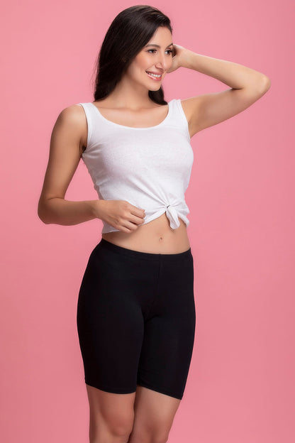 🖤 Black Cotton Mid-Waist Snug Fit Cycling Shorts